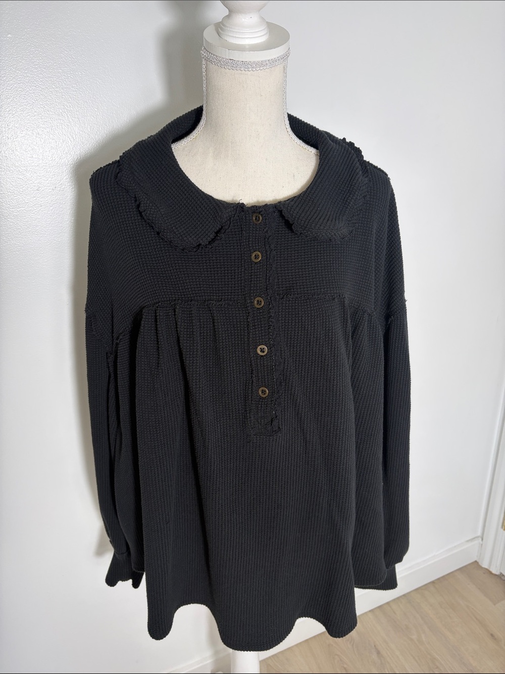We The Free Black Waffle Knit Button-Front Long Sleeve Top Large - Picture 2 of 4